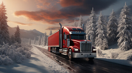 Red truck driving on a road in winter.