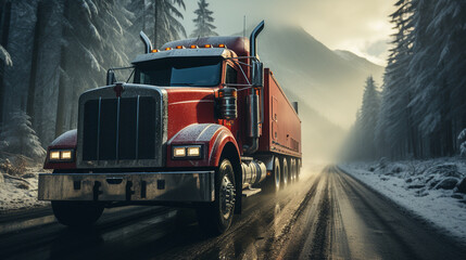 Fototapeta na wymiar Red truck driving on a road in winter.