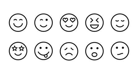 Face emoticons emoji line art vector icons set for apps, websites, Customer review, satisfaction, mood tracker editable stroke. Smile sad cry funny star heart eyes logo character stickers expressions 