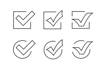 Checkmark right vector line icon set checklist design for business, office, poster square and circle Verified badge profile set verified badge Social media account verification editable stroke correct - obrazy, fototapety, plakaty