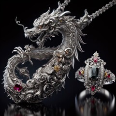 Obraz premium Beautiful elegant ring and necklace in the shape of a dragon with precious stones, rubies, sapphires, emeralds, gold and platinum generated by artificial intelligence