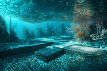 Virtual reality circuitry blending with underwater scenes, forming an abstract and aquatic dreamscape.