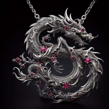 Beautiful elegant necklace in the shape of a dragon with precious stones, rubies, sapphires, emeralds, gold and platinum  generated by artificial intelligence