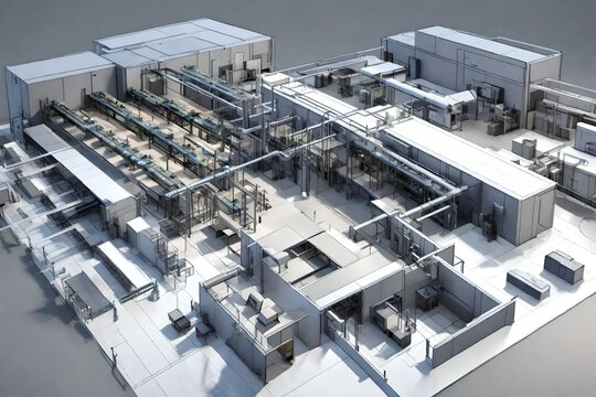Fototapeta Detailed 3D model of a high-tech manufacturing facility layout.