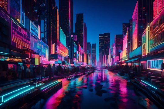 Fototapeta Neon gradients merging with pixelated landscapes, forming an abstract and colorful digital vista.