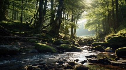Obraz premium natural scenic Beautiful forest countryside wonderful springtime landscape in mountains. grassy field and rolling hills. rural scenery. AI Generated. AI Generative.