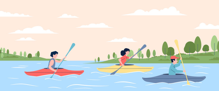 Canoeing and kayaking competition. People riding boats on river or sea. Wild recreation or hiking, forest family friends resting, recent vector scene
