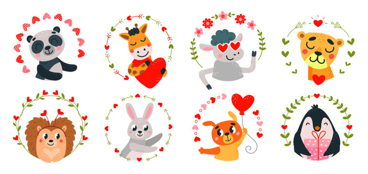 Funny animals in love frames. Cartoon romantic animal with hearts. Cute panda and bunny, sheep and giraffe. Valentines day classy vector characters