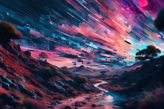 Glitch art merging with celestial bodies, creating a visually stunning abstract cosmic glitchscape.