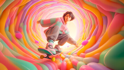 Happy woman on a skateboard in a candy tunnel virtual space. Metaverse sports concept.