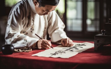 An artist practicing Chinese calligraphy with a brush and ink