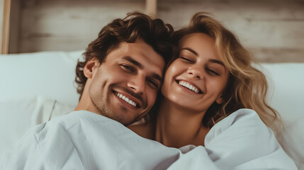 Fototapeta na wymiar A young couple in love in bed, laughing and smiling under the covers.