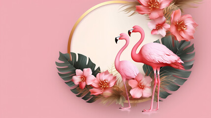 Postcard background in a tropical theme with the image of a flamingo. - obrazy, fototapety, plakaty