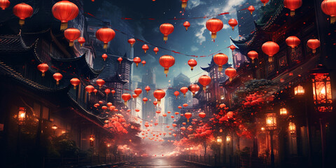 Red lanterns and glitter light up the night sky in a city street, in the style of oriental,...
