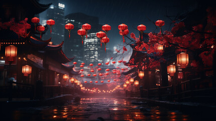 Red lanterns and glitter light up the night sky in a city street, in the style of oriental,...