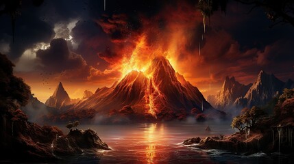 volcano erupting with lava, natural disaster - obrazy, fototapety, plakaty