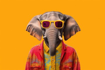 an elephant with sunglasses on yellow background , Generative Ai