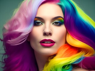 A colorful portrait of a beautiful woman with rainbow hair isolated on green. International Hair Day October 1. 