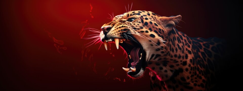 Roaring leopard on black background with neon pink light. Angry big cat, aggressive jaguar attacking. Animal for poster, print, card, banner