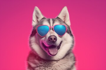 a Husky dog with sunglasses on pink background , Generative Ai