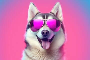 a Husky dog with sunglasses on pink background , Generative Ai
