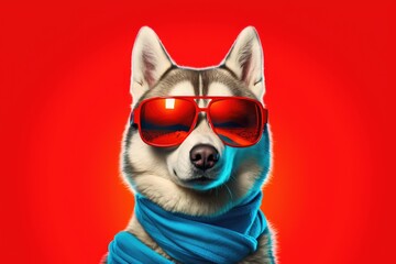 a Husky dog with sunglasses on red background , Generative Ai
