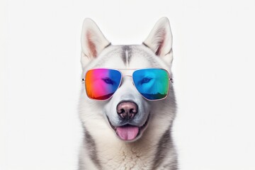a Husky dog with sunglasses on white background , Generative Ai
