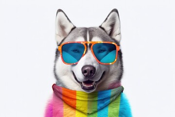 a Husky dog with sunglasses on white background , Generative Ai