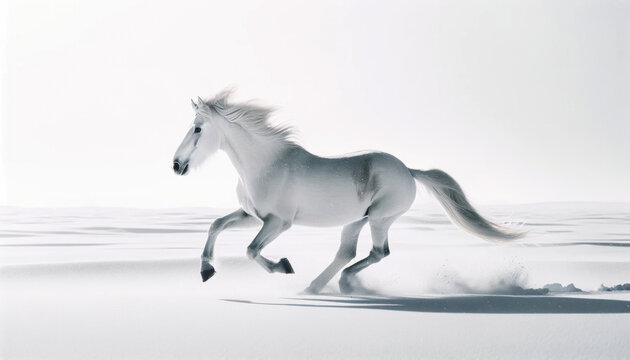 Dynamic running horse, white snow background