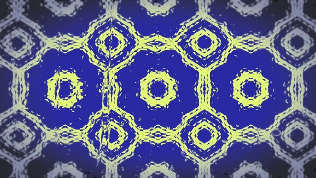 Symmetrical pattern with blue and yellow tones overlaid on a grainy texture, reminiscent of a vintage ceramic tile design.
