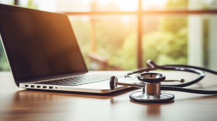 Medical stethoscope and laptop computer on table, copy space, 16:9