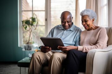Two happy seniors smiling while using a digital tablet in living room. Diverse senior couple sitting on sofa using tablet. - Powered by Adobe