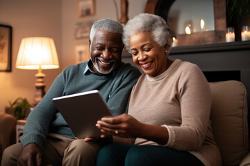 Two happy seniors smiling while using a digital tablet in living room. Diverse senior couple sitting on sofa using tablet.