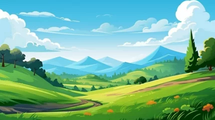 Fotobehang Cartoon meadow landscape Summer green fields © PZ Studio