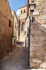 Narrow streets and Facades of historic houses in Trujillo town