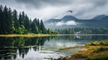 Beautiful mountain lake scenery with clear still water, mountain ridge, dense forest, meadow shores and tall pine trees in the foregroun - obrazy, fototapety, plakaty