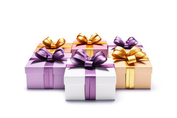 Obraz premium Gift box with pink purple gold ribbon isolated on white background, Generative ai