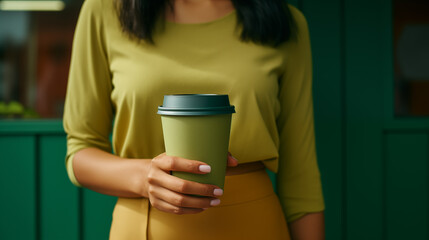 Green paper cup with coffee in woman hand. Coffee cup. Time for drink coffee. Coffee to go. Enjoy moment, take a break. Disposable paper cup closeup. Delicious hot beverage. Mockup. Generated AI