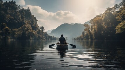 Man rowing a boat on a lake or river with a scenic background