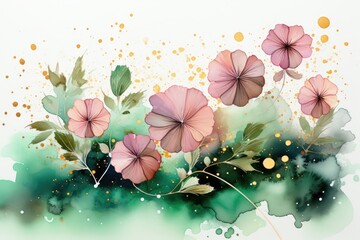 ink watercolor green, pink and sparkling gold splash, clip art, white background