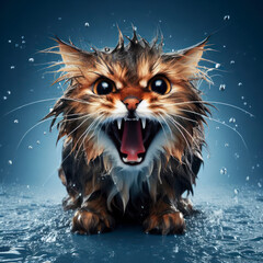 funny angry wet cat with open mouth emotion on solid blue background with water splash. ai generative - obrazy, fototapety, plakaty