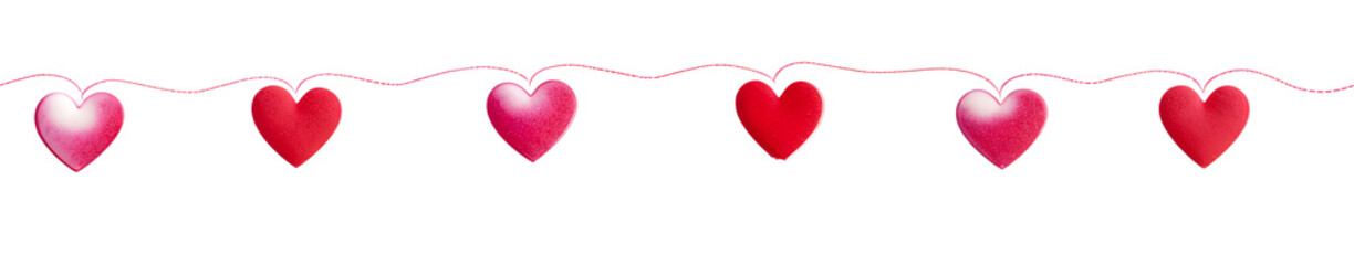 Red and pink seamless paper heart garland on a white background, a festive Valentine's Day decoration