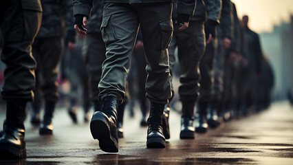 Army parade shoes on blur background. - obrazy, fototapety, plakaty