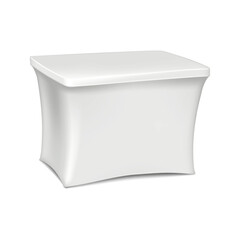 Trade show promotional stretch cover table display stand realistic mock-up. Blank white portable exhibition counter vector mockup. Template for design