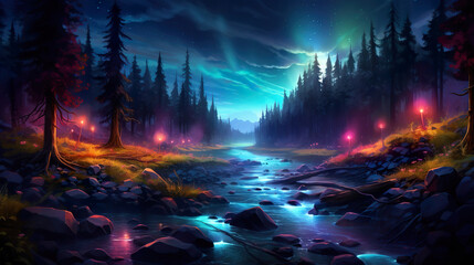 Fototapeta premium Glowing mushrooms in a forest. Generative Ai