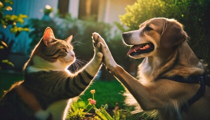 Cute Dog and cat giving a high-five - obrazy, fototapety, plakaty
