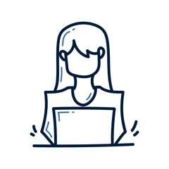 Hand drawn woman with laptop doodle line illustration design. Woman with laptop doodle icon.