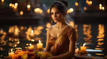 Obraz na płótnie Canvas Beautiful Thai woman in Thai dress on a wooden background and holding a Krathong. To float in the lake on Loy Krathong Day. Generate AI