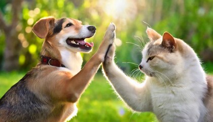 Cute Dog and cat giving a high-five