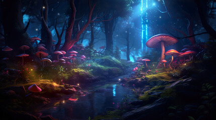 Glowing mushrooms in a forest. Generative Ai